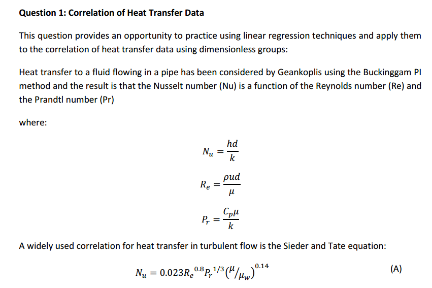 Question 1: Correlation Of Heat Transfer Data This | Chegg.com