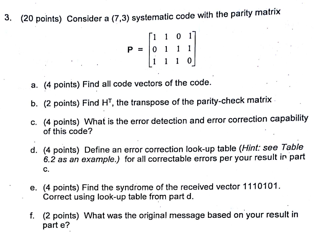 Solved (20 points) consider a (7,3) systematic code with the | Chegg.com