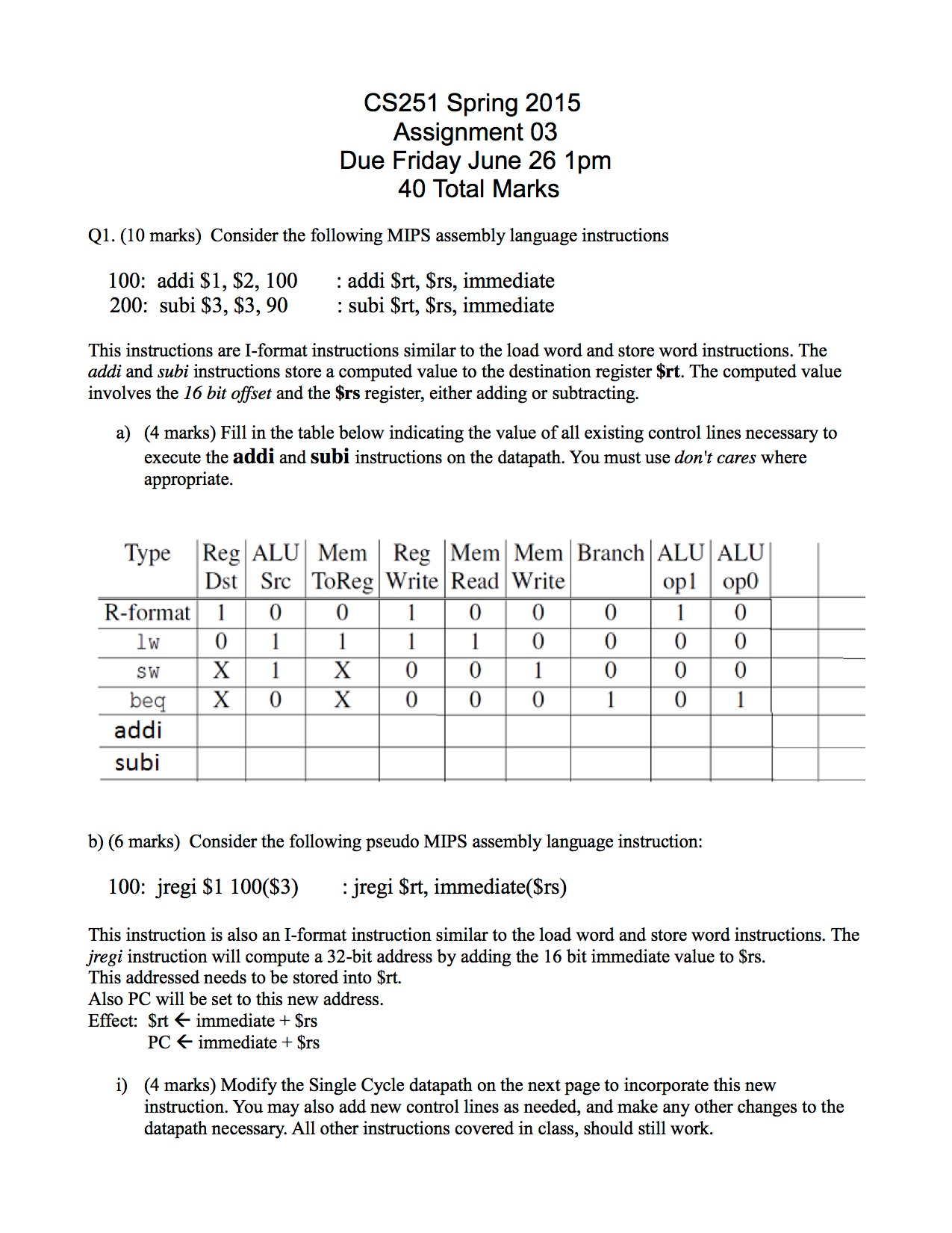 (10 marks) Consider the following MIPS assembly