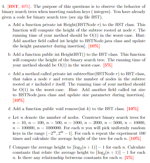 Bst110 Example Question Solved 4. BST, 40%). The purpose of this questions is to | Chegg.com