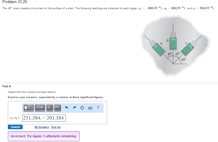 Solved The 45∘ strain rosette is mounted on the surface of a | Chegg.com