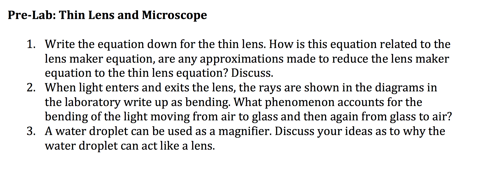 Solved PreLab Thin Lens and Microscope Write the equation