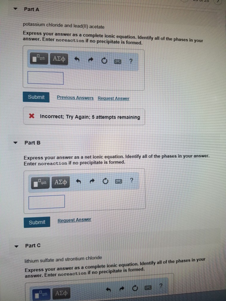 Solved Part A potassium chloride and lead(lI) acetate