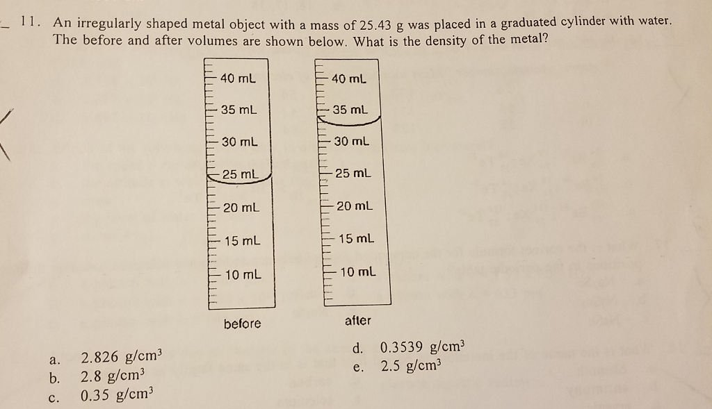 Solved 11. An irregularly shaped metal object with a mass of
