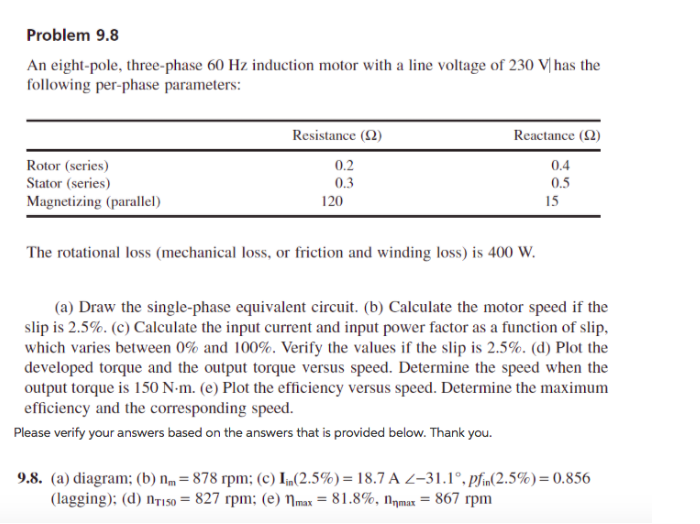 Solved Problem 9.8 I, induction motor with a line voltage of | Chegg.com