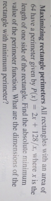Solved All rectangles with an area of 64 have a perimeter | Chegg.com
