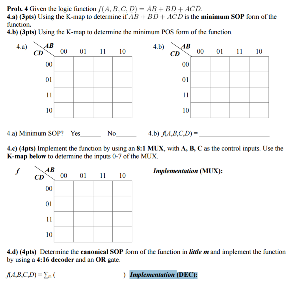 Solved Given The Logic Function F(A, B, C, D) = AB + BD + | Chegg.com