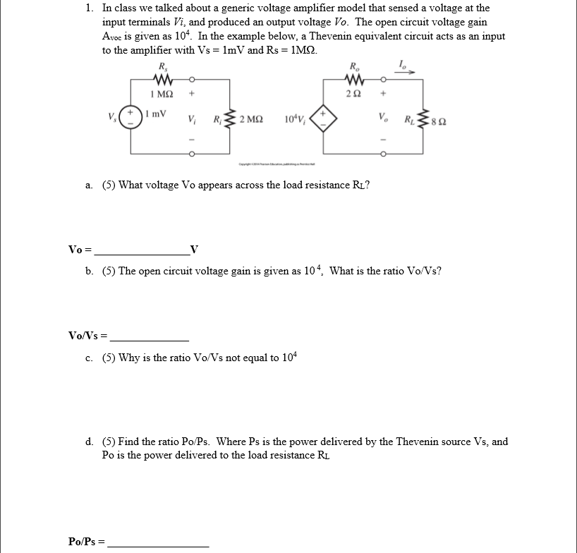 Solved In class we talked about a generic voltage amplifier | Chegg.com