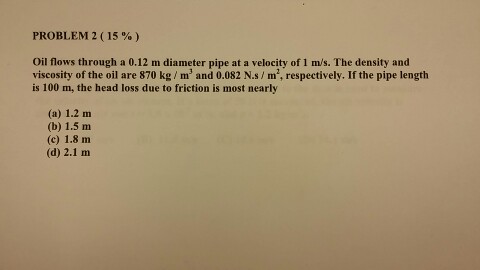 Solved PROBLEM 2 ( 15 % ) Oil flows through a 0.12 m | Chegg.com