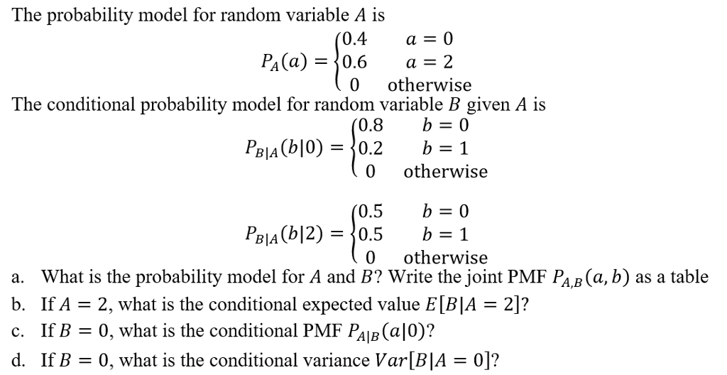 Solved The probability model for random variable A is 0.4 | Chegg.com