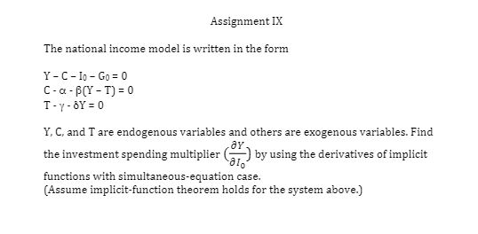 Solved The national income model is written in the form Y - | Chegg.com