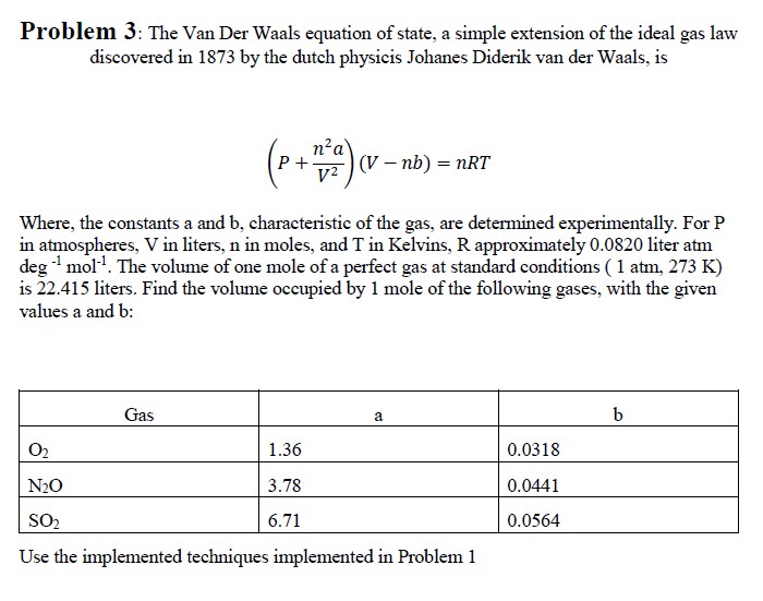 Solved Problem 3 The Van Der Waals Equation Of State A 7183