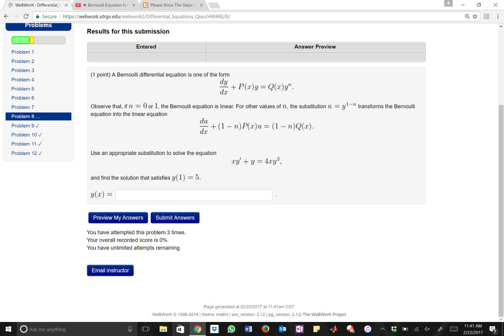 Solved K Differential E x a Bernoulli Equation fo x KC