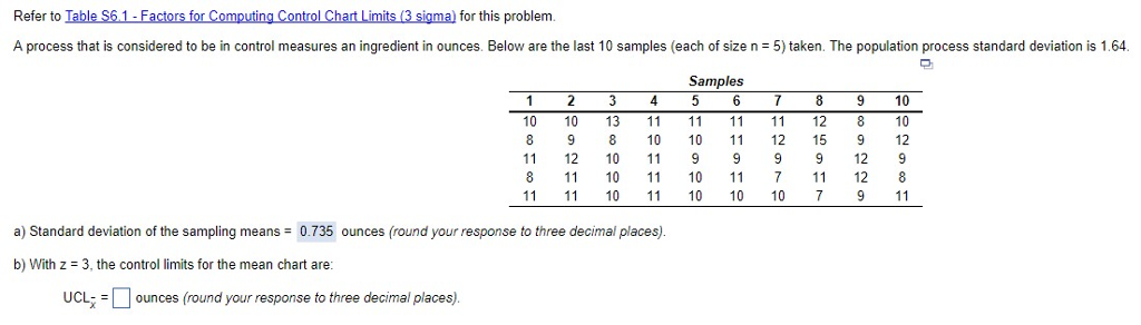 Solved With z = 3 , the control limits for the mean chart | Chegg.com