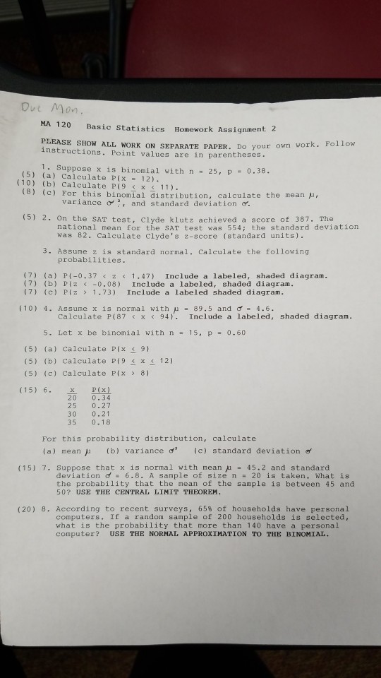 Solved Due Mon 0vn Ma 120 Basic Statistics Homework 3536