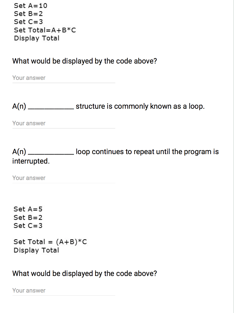 Solved Set A=10 Set B=2 Set C=3 Set Total=A+B*C Display | Chegg.com