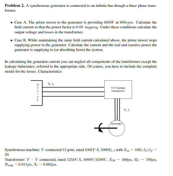 Problem 2. A synchronous generator is connected to an | Chegg.com