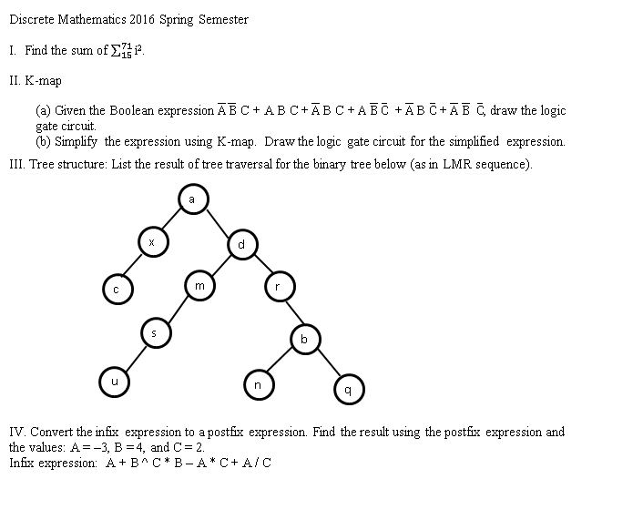 Solved Discrete Mathematics 2016 spring semester I. Find the | Chegg.com