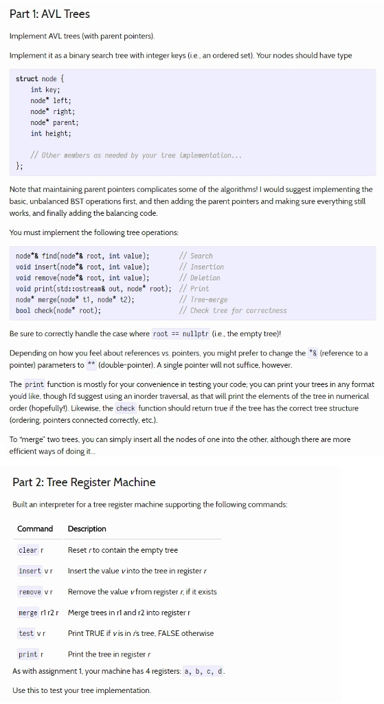 Solved Part 1: AVL Trees Implement AVL trees (with parent | Chegg.com