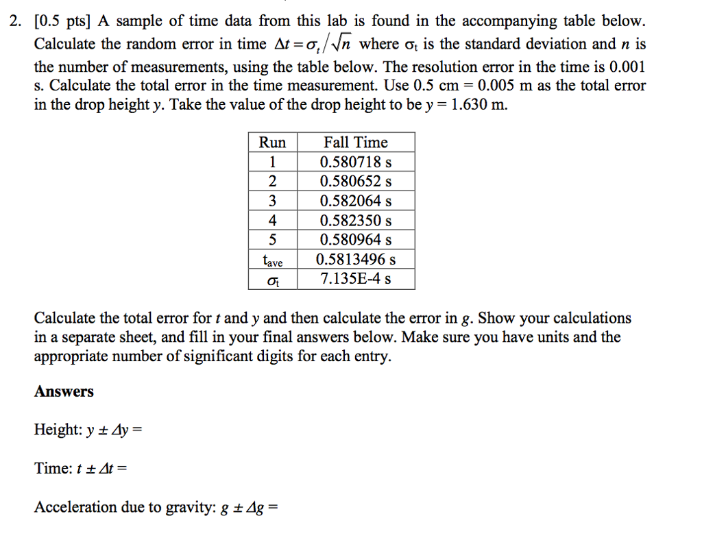 Solved A sample of time data from this lab is found in the | Chegg.com