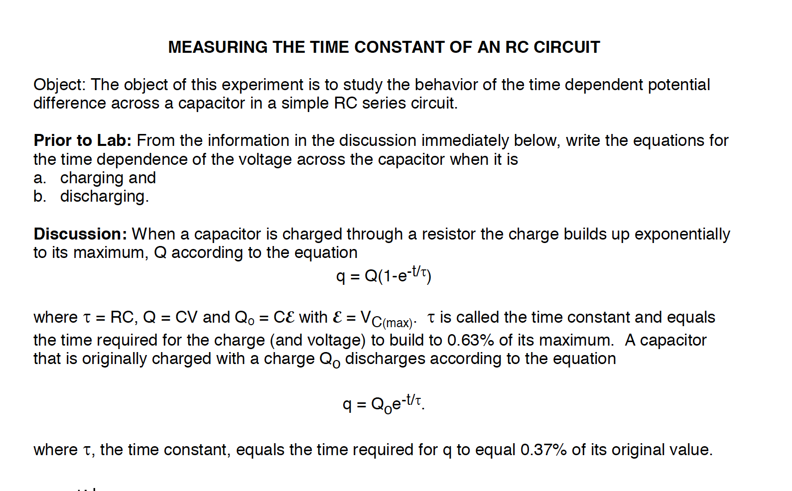 Solved MEASURING THE TIME CONSTANT OF AN RC CIRCUIT Object