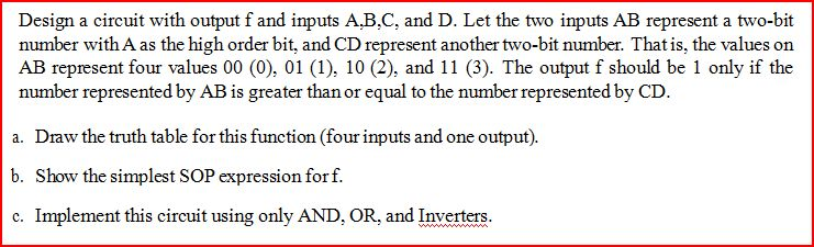 Solved Design a circuit with output f and inputs A,B,C, and | Chegg.com