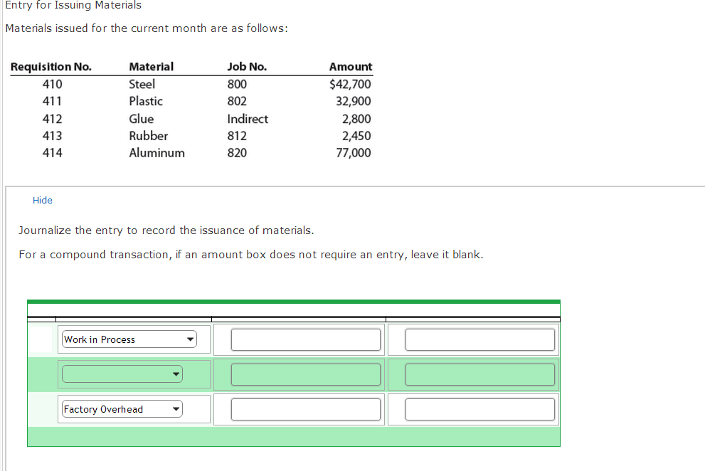 Solved Entry for Issuing Materials Materials issued for the