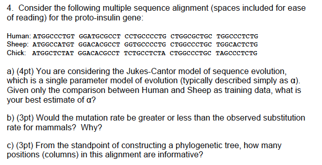 Solved 4. Consider the following multiple sequence alignment | Chegg.com
