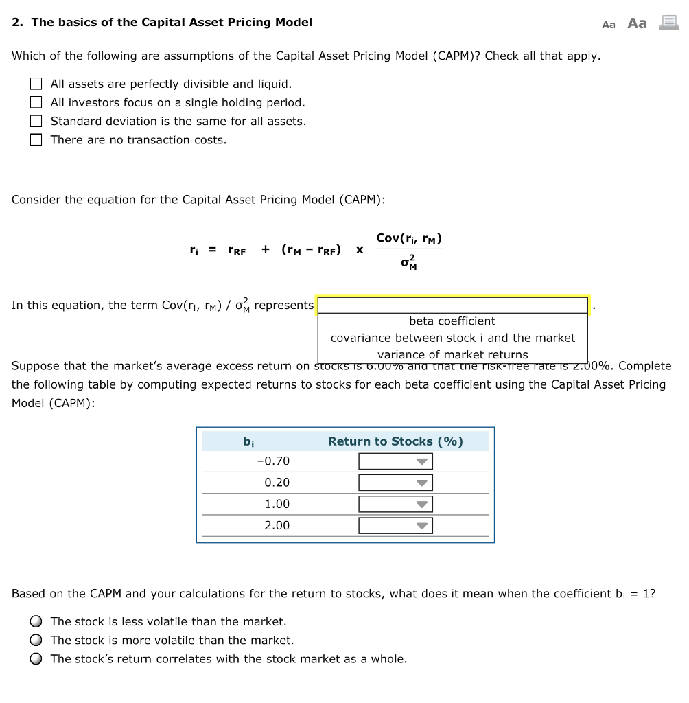 Solved 2. The Basics Of The Capital Asset Pricing Model Aa | Chegg.com