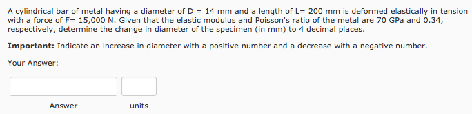 Solved A cylindrical bar of metal having a diameter of D = | Chegg.com