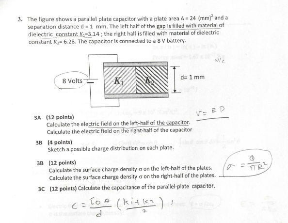 Solved 3. The figure shows a parallel plate capacitor with a | Chegg.com