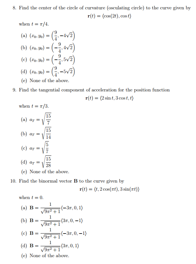 Solved Find The Center Of The Circle Of Curvature 