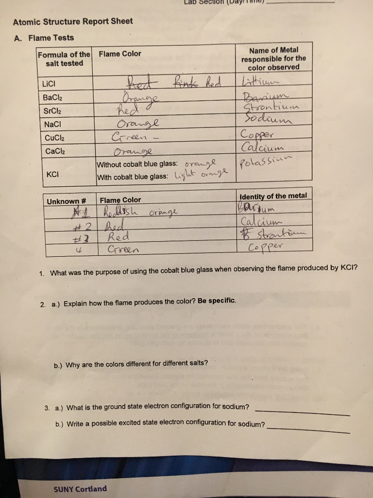 Solved Atomic Structure Report Sheet A. Flame Tests Name