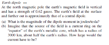 Solved Earth Dipole At The North Magnetic Pole The Earth's | Chegg.com