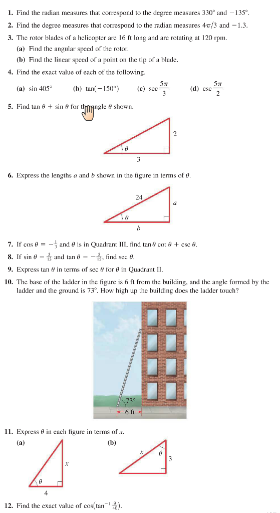 Solved 1. Find the radian measures that correspond to the | Chegg.com