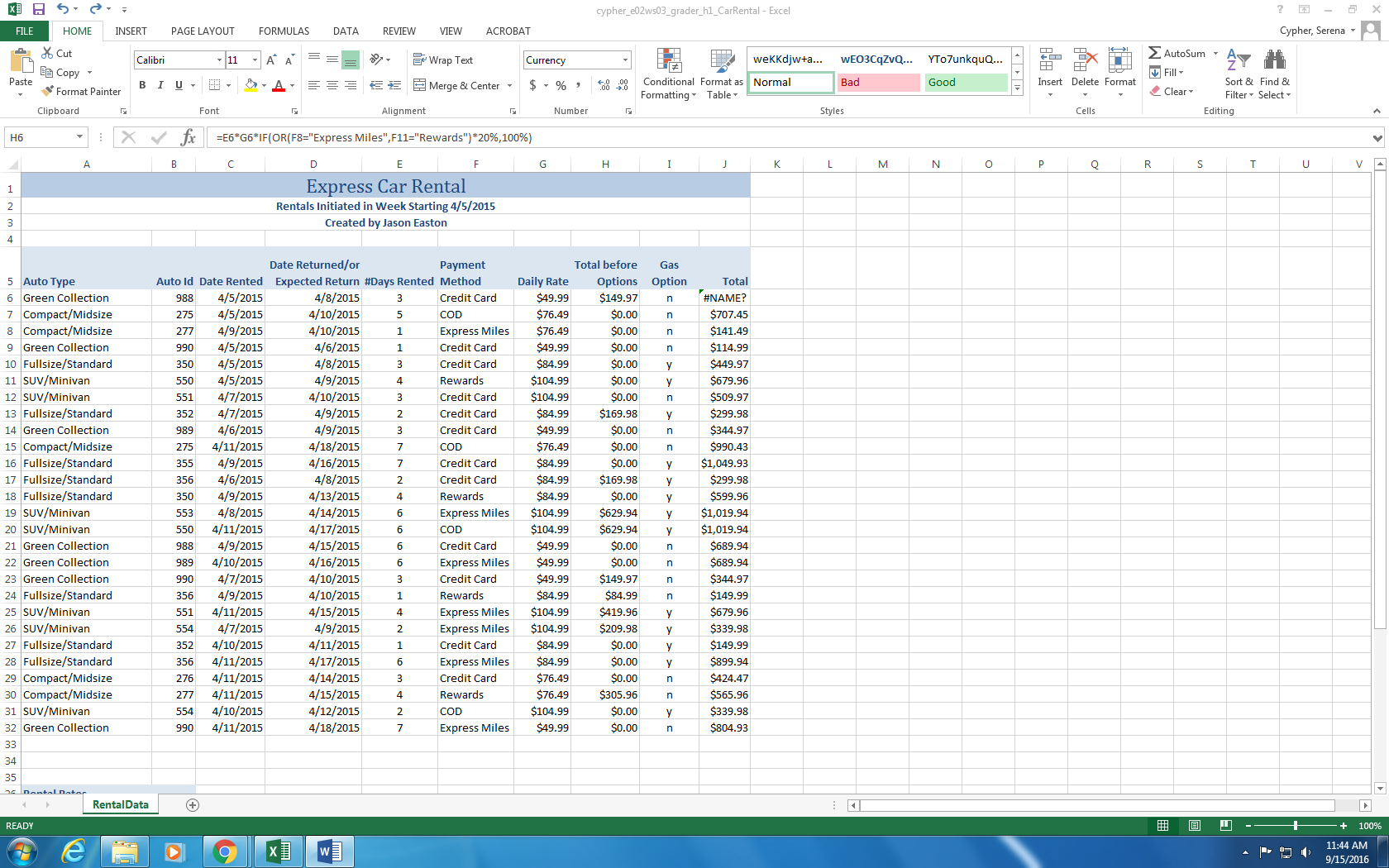 Solved cypher_e02ws03_grader_hl_CarRental - Excel INSE PAGE | Chegg.com