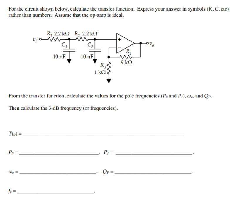 Solved For the circuit shown below, calculate the transfer | Chegg.com