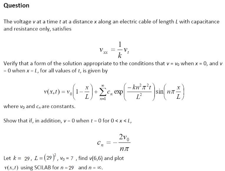 Question The voltage v at a time t at a distance x | Chegg.com