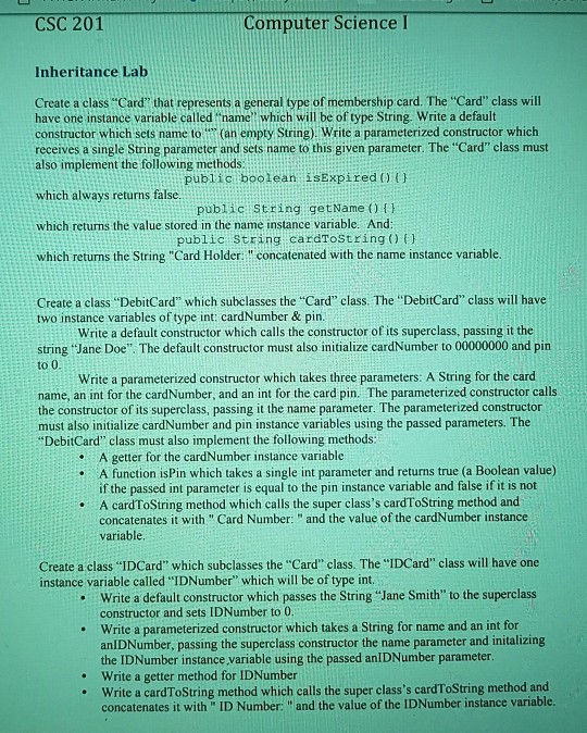 Solved CSC 201 Computer Science I Inheritance Lab Create A | Chegg.com