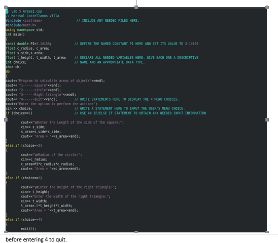 Solved Lab 5 Areas.cpp Marisol Castellanos villa #include # | Chegg.com