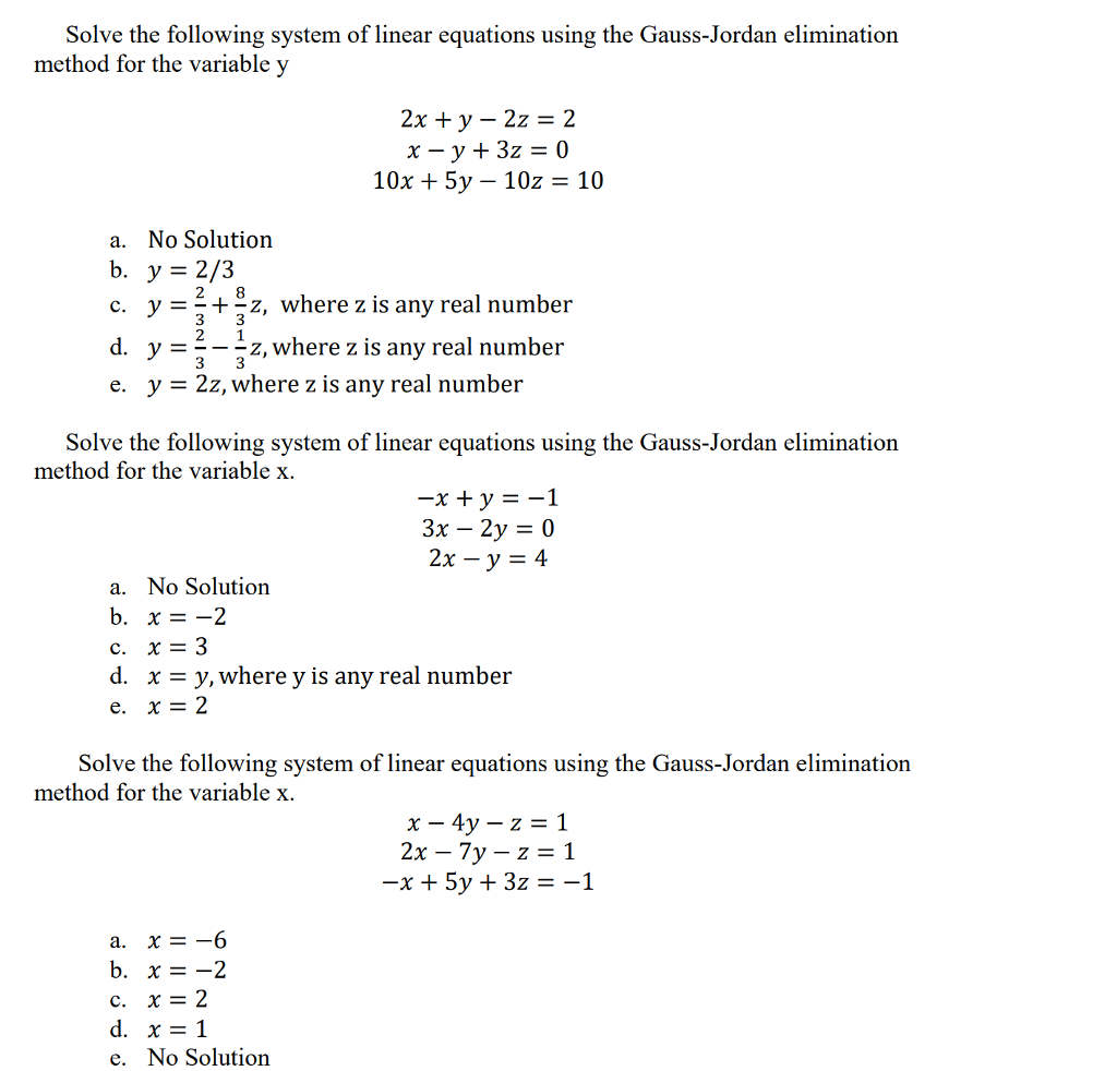 Solved I Solve the following system of linear equations | Chegg.com