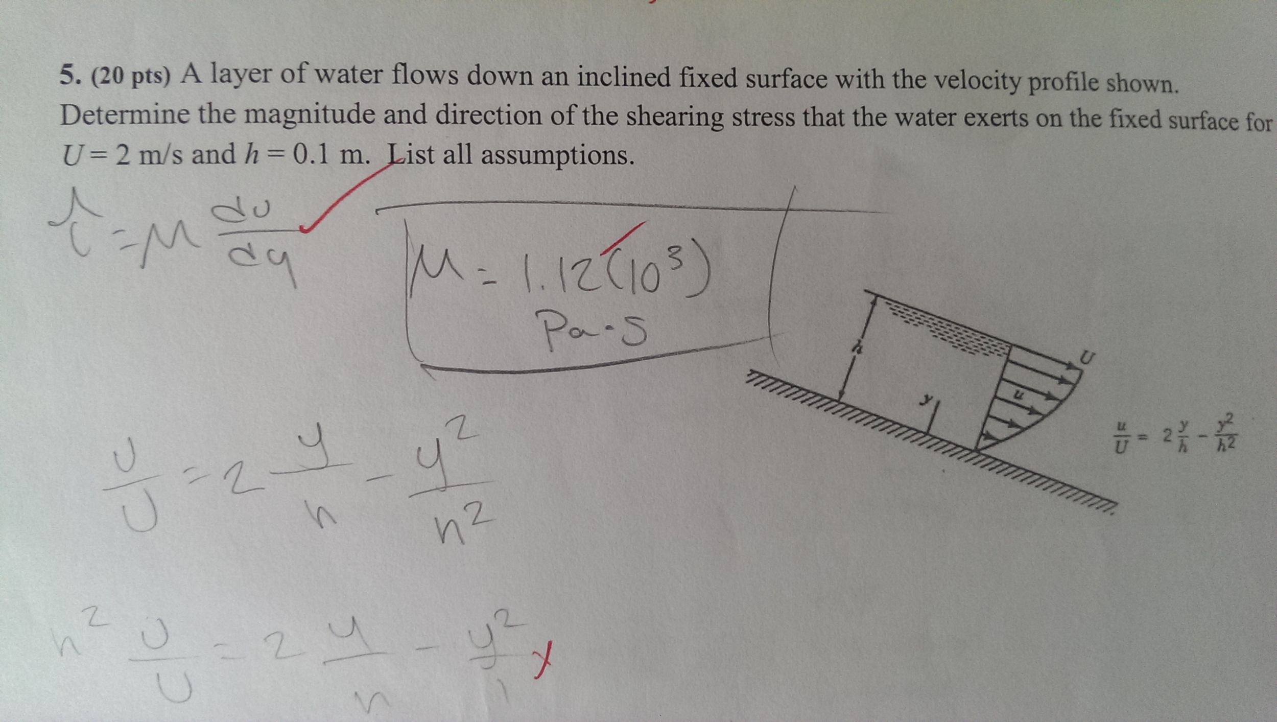 Solved A layer of water flows down an inclined fixed surface