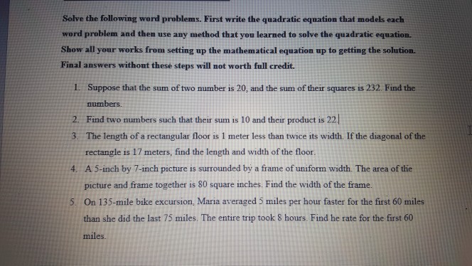 Solved Solve the following word problems. First write the | Chegg.com