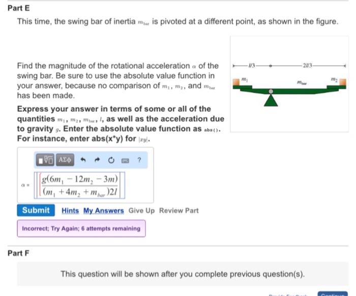 Solved This time, the swing bar of inertia m_bar is pivoted
