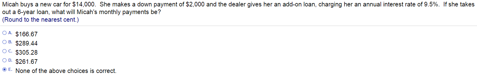 Solved buys a new car for ?$14,000.She makes a down payment | Chegg.com