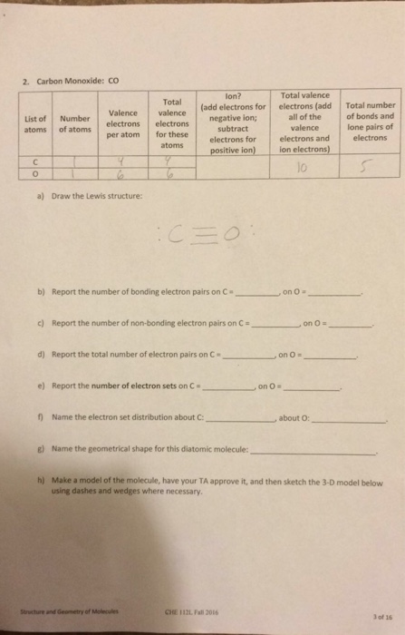 Solved Carbon Monoxide: CO Draw the Lewis structure: | Chegg.com