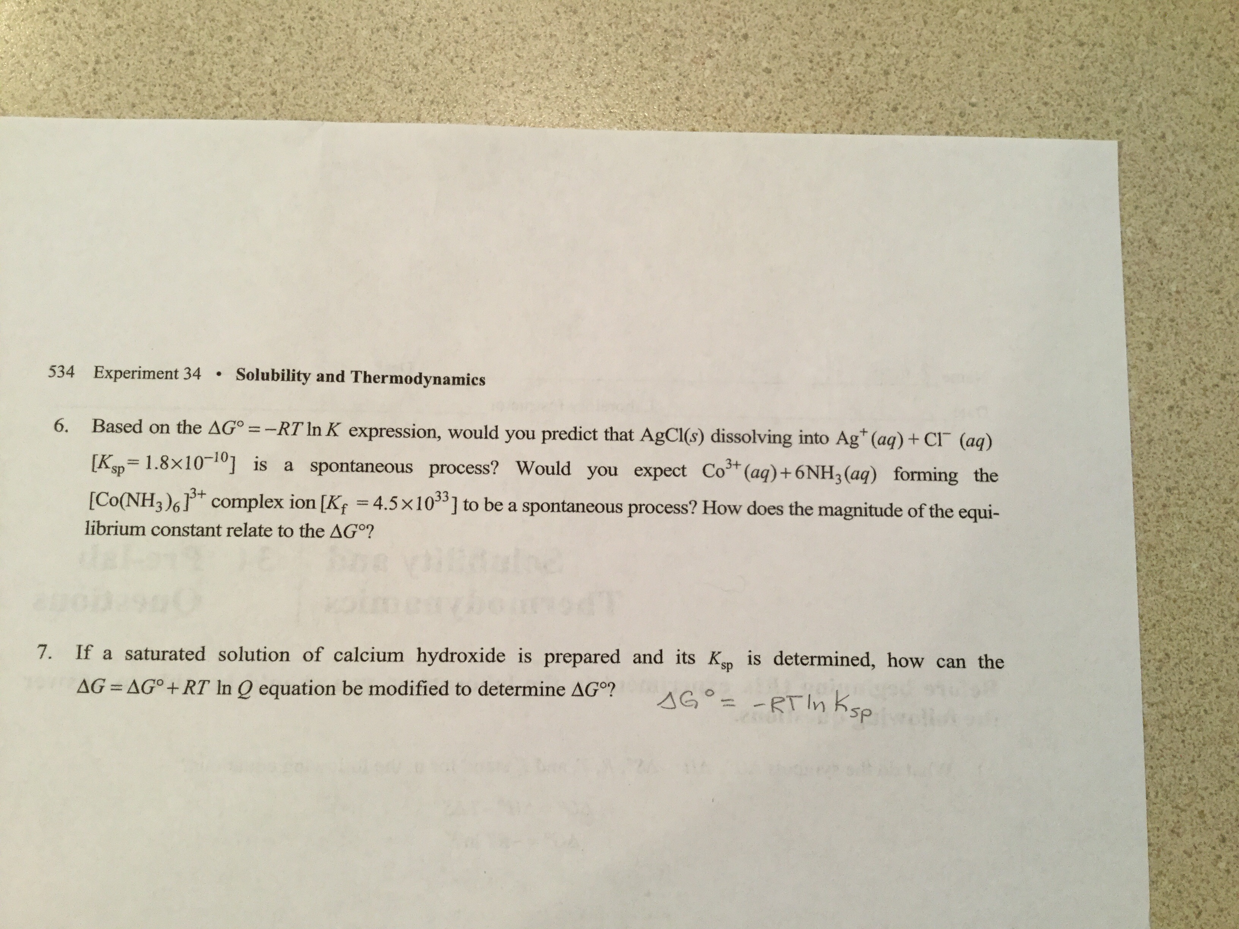 Solved Solubility and Thermodynamics Based on the delta G | Chegg.com