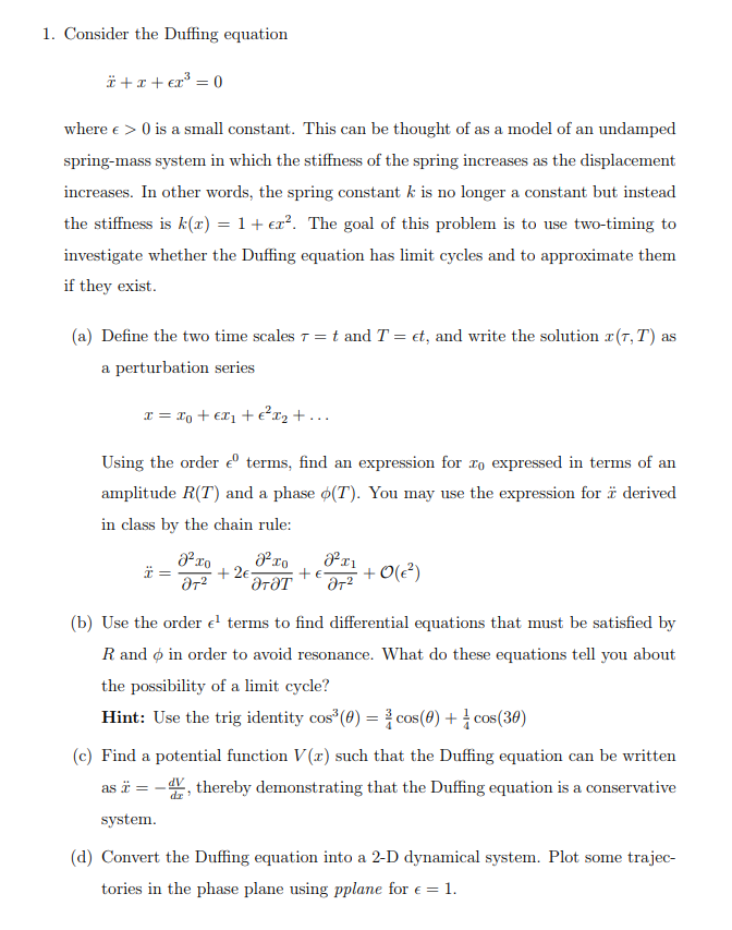 1. Consider the Duffing equation wheree > 0 is a | Chegg.com