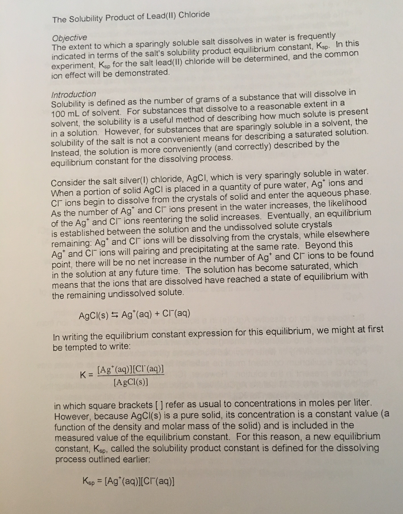 The Solubility Product of Lead(II) Chloride The