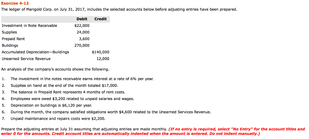 Solved Exercise 4-12 The ledger of Marigold Corp. on July | Chegg.com